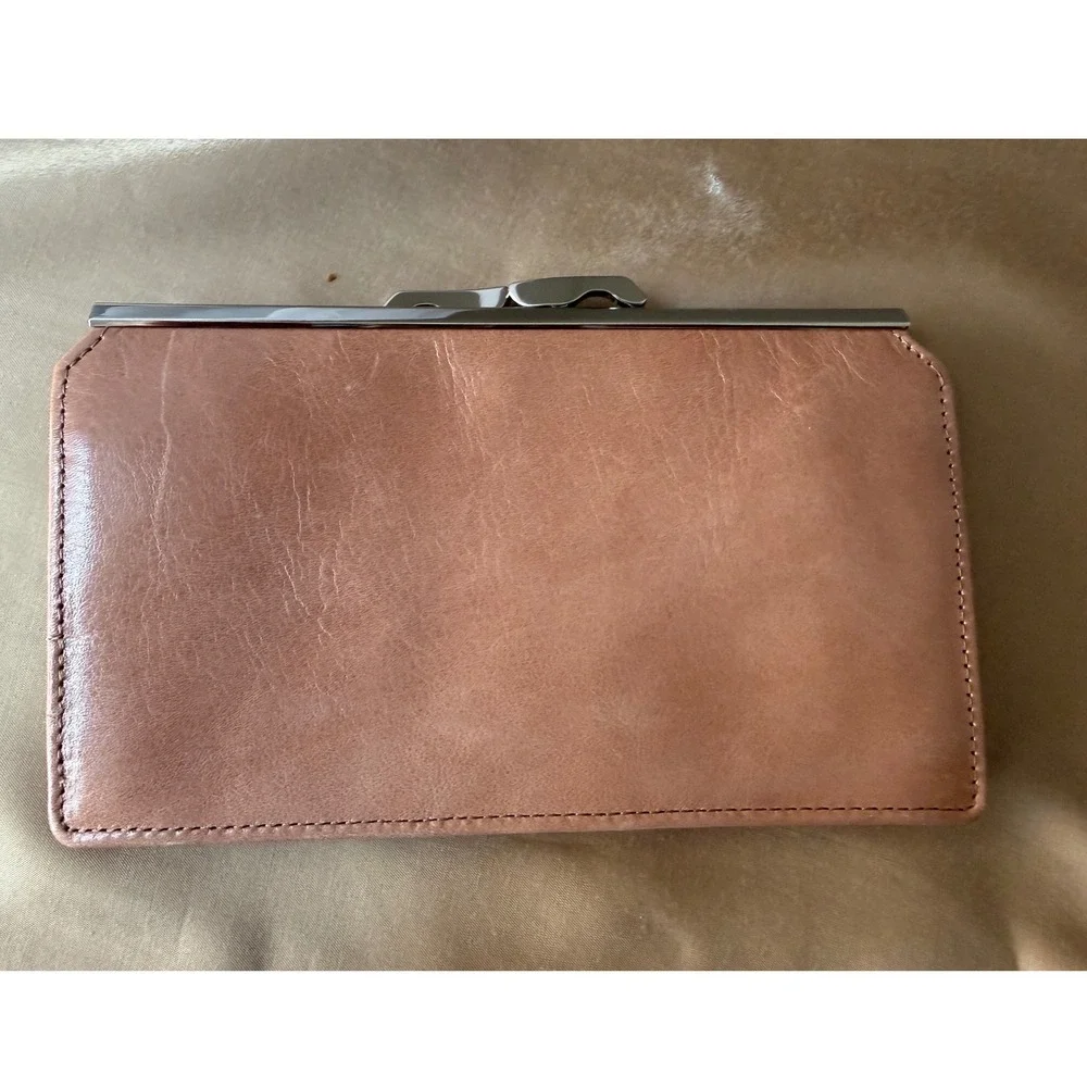 Abas Tan Leather Frame Wallet Kiss Lock Clutch Silver Hardware Tan Brown